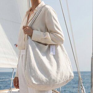 NWT $228  The Beach People Australia Striped black white XXL square Tote Bag